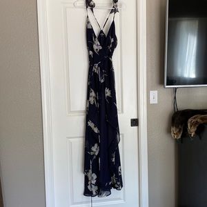 All Mine Navy Blue Floral Print High-Low Wrap Dress